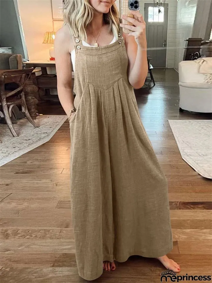 Women's Casual Cotton Linen Wide Leg Holiday Jumpsuits