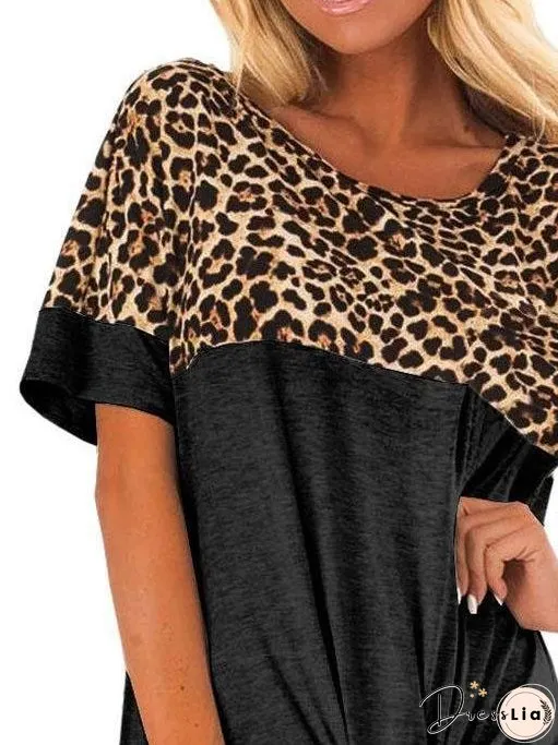 Leopard Print Stitching Ribbon Bow T-shirt for Women