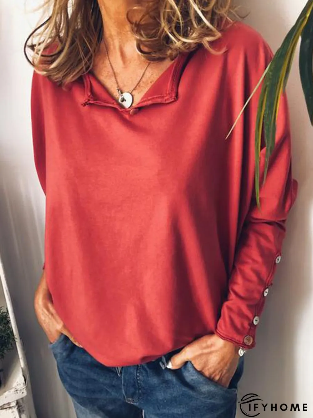 Casual Cotton V Neck Long Sleeve T-Shirt | IFYHOME