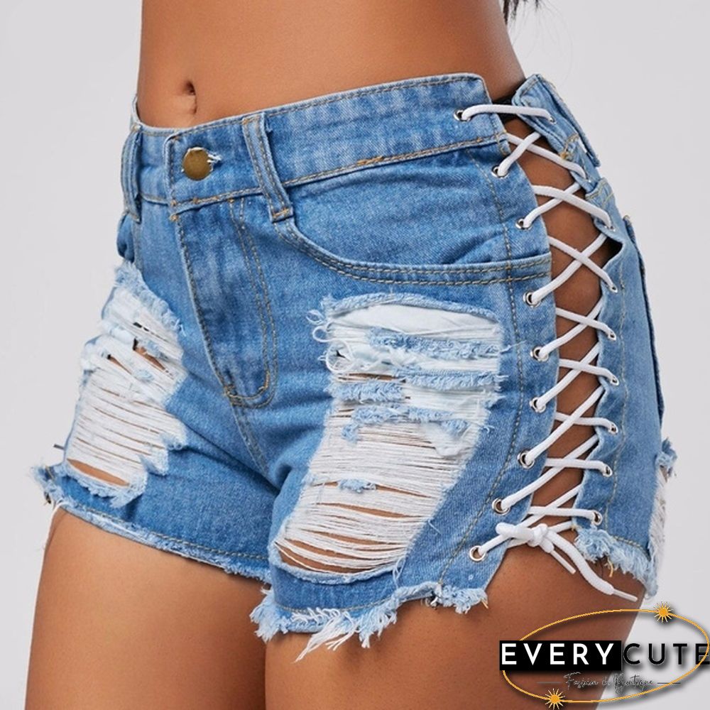 Sexy Summer Women Denim Shorts Blue High Waist Ripped Short Jeans Femme Tassel Lace Up Bandage Shorts