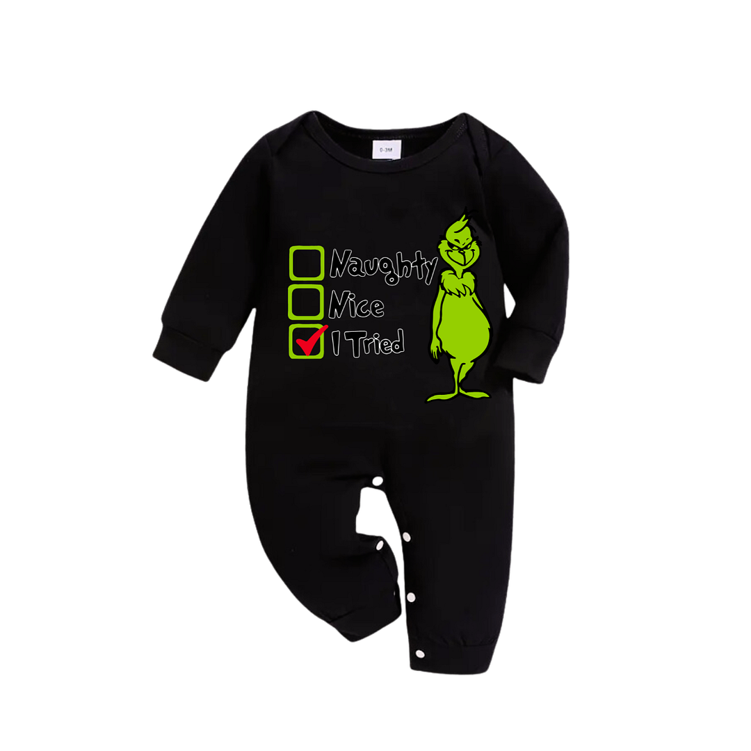 Christmas Cartoon Pattern and Text Print Black Long Sleeve Top with Green and Black Plaid Family Matching Pajamas