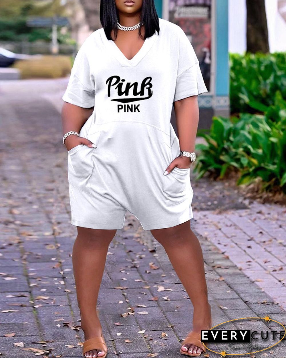 Pocket Design Letter Print Short Sleeve Romper