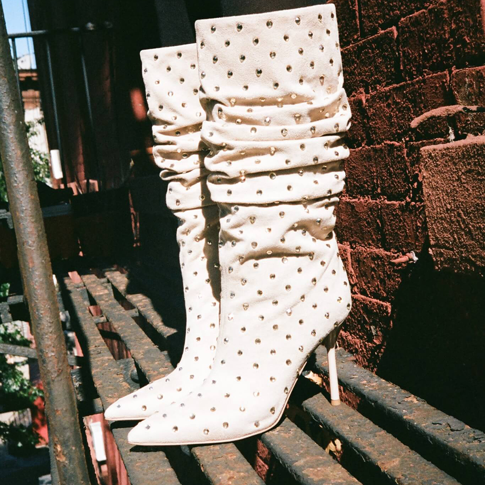 White Vegan Suede Stiletto Heel Pleated Mid-Calf Boots with Rhinestone Nicepairs