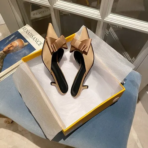2021 New Semi-trailer Women Wear Fine-heeled Pointy Fashion Joker Bow High-heeled Slippers