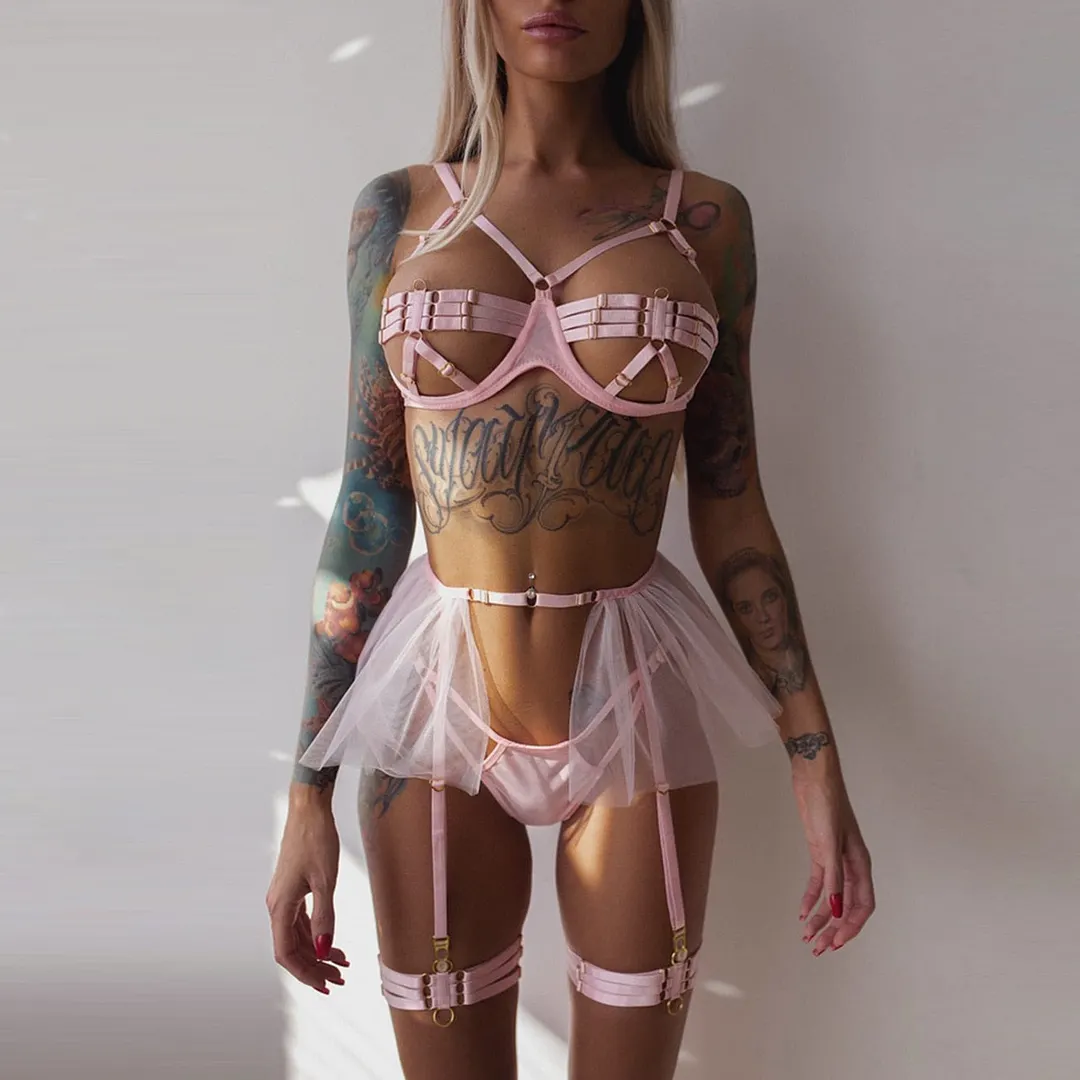 MIRABELLE Sensual Lingerie With Short Skirt Hollow Out Sexy Bra And Panty Set Woman 5 Pieces Underwear Garter Pink Erotic Set