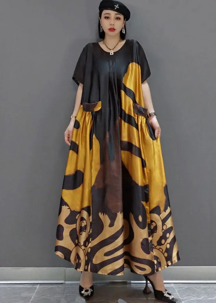 loose Yellow O-Neck Print Satin Maxi Dress Summer