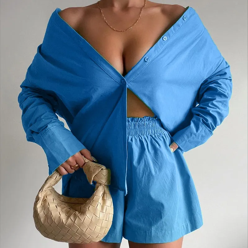 Casual Women Short Set Tracksuit Loungewear Two Piece Women Outfits Oversized Long Shirt And High Waist Shorts Green