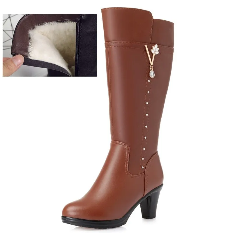 Women's winter boots 2021 new genuine leather female boots size 43 warm high-heeled wool boots women trend riding boots women