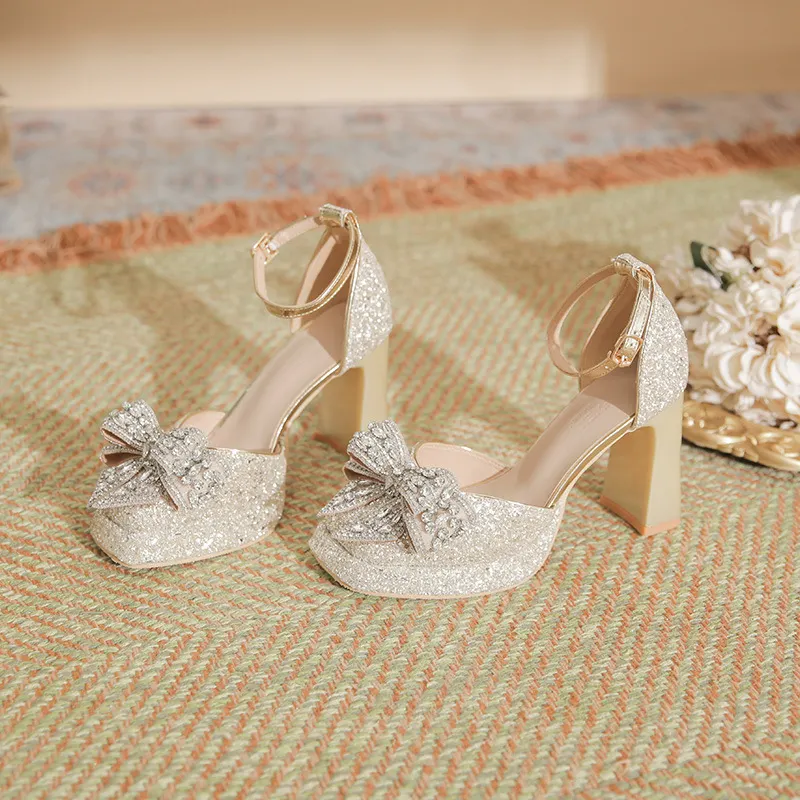 Churchf Churchf Waterproof Platform Thick With A Word Button Mary Jane High Heels Sequins Hollow Wedding Shoes Bridesmaid Shoes Single Shoes Women
