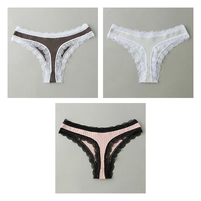 3PCS/Set G-string Panties Cotton Women's Underwear Sexy Panties Female Underpants Thongs Solid Color Sexy Lace Lingerie BANNIROU