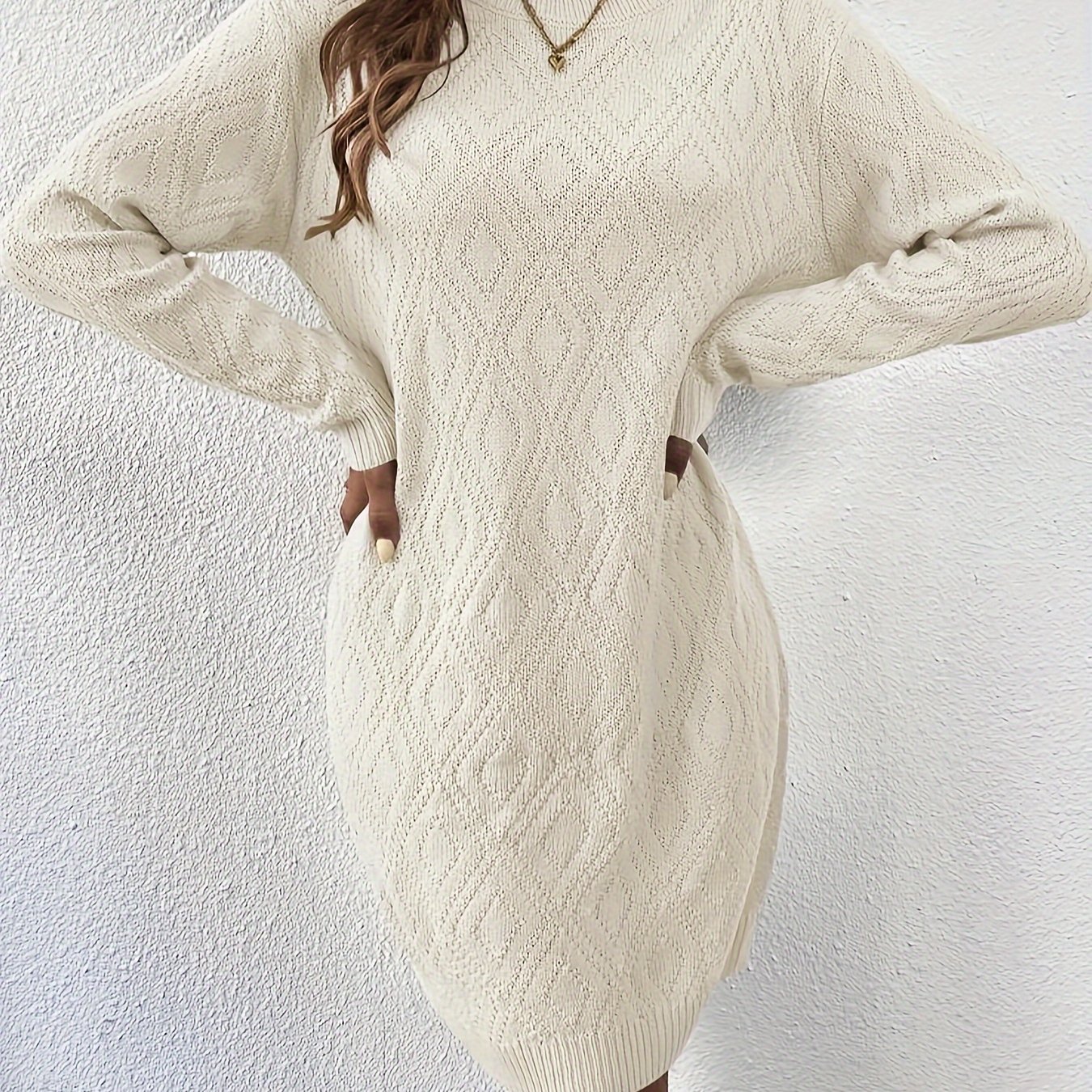 Solid Long Sleeve Textured Dress, Casual Crew Neck Knit Dress, Women's Clothing