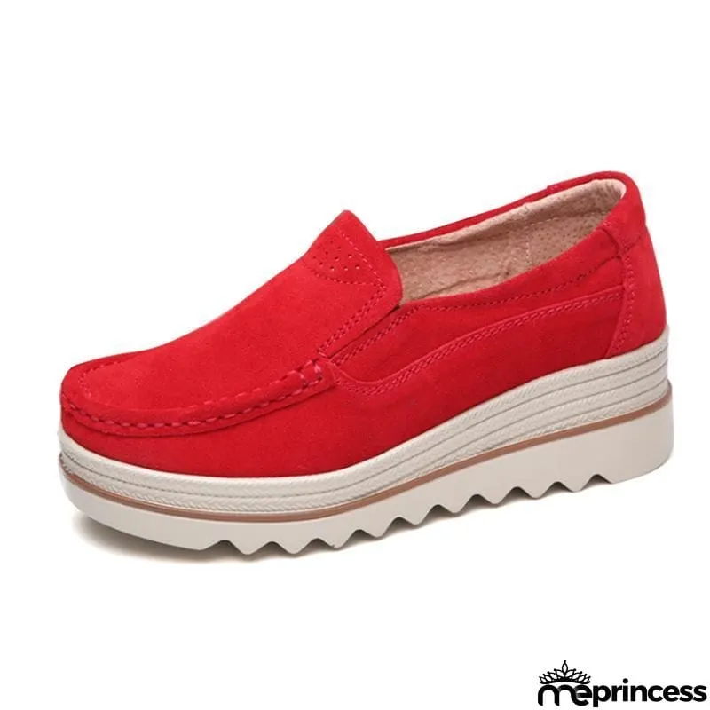 Women's Breathable Suede Round Toe Slip On Platform Shoes