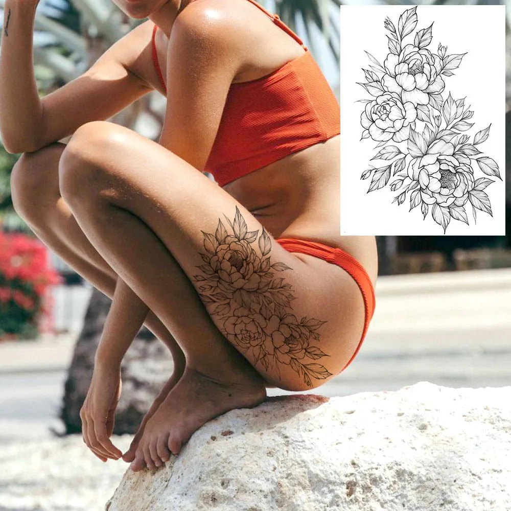 Realistic Sexy Peony Tattoos Temporary Women Adult Flower Arm Tattoos Sticker Waterproof Fake Floral Bloosom Body Leg Art Tatoos 530-1