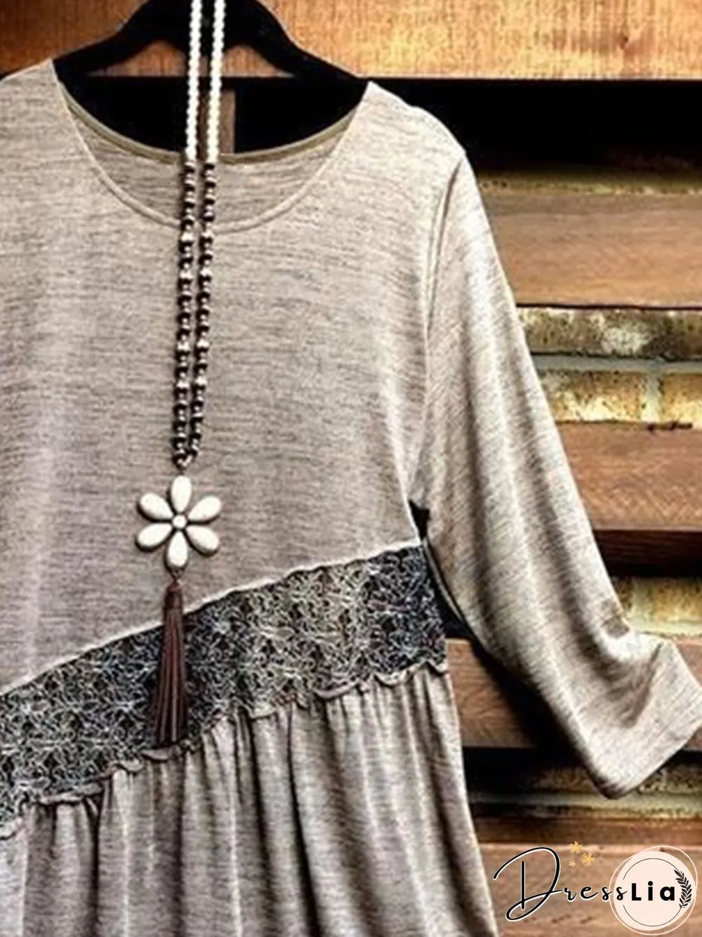 Vintage Lace Plain Crew Neck 3/4 Sleeve Casual Women Tops