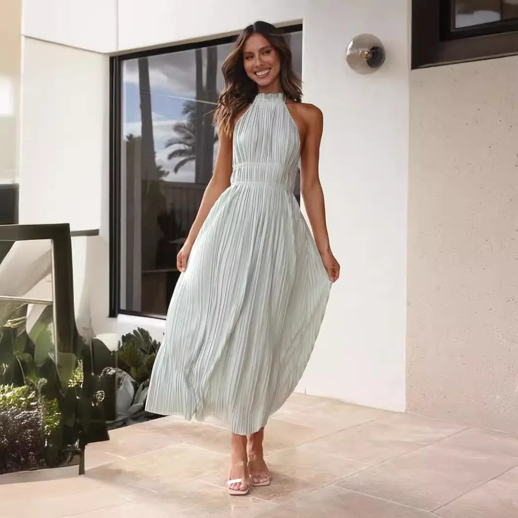 Brownm Brownm Summer New Fashion Small Pure And Fresh Shoulder Hanging Neck With Personality Show Back Long Dress 23035