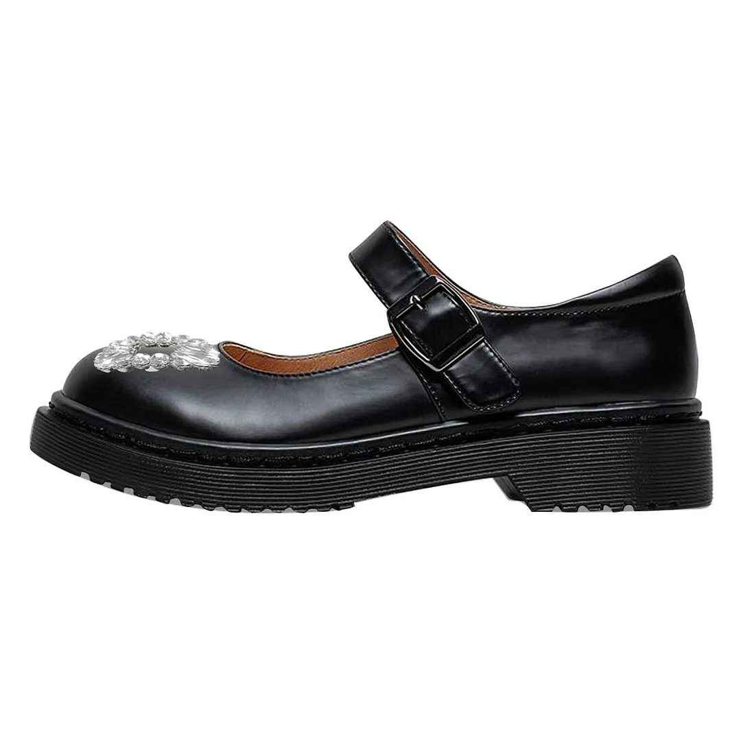 Black Round Toe Rhinestone Embellished Fashionable Mary Janes 