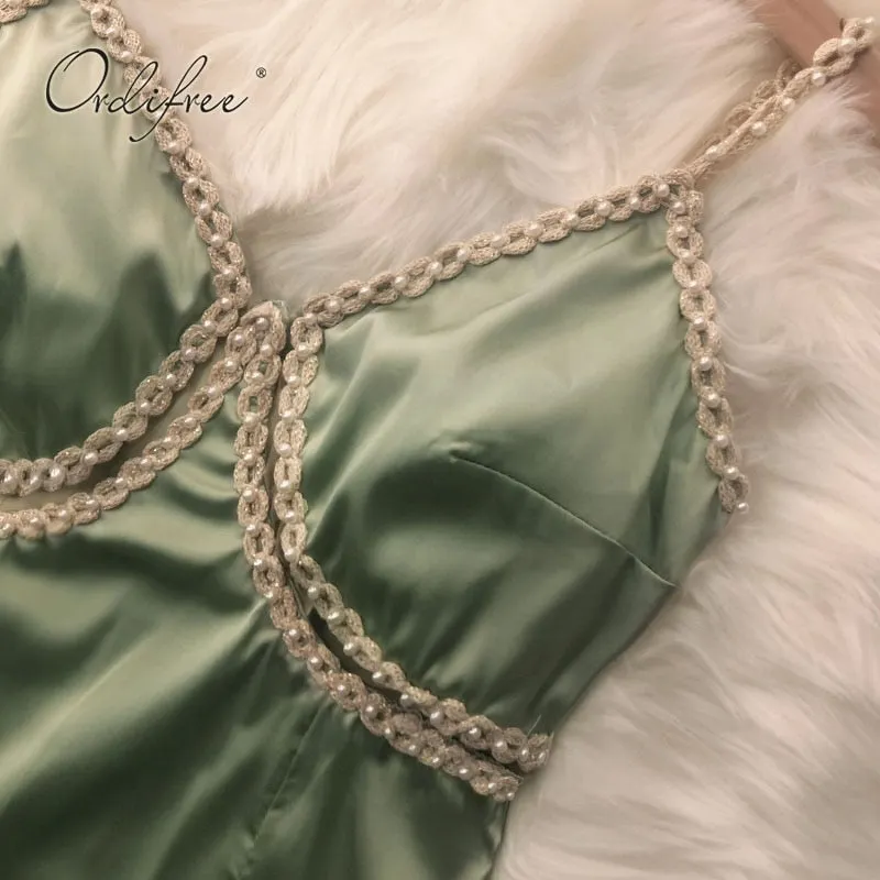 Ordifree 2022 Summer Women Green Satin Dress Vintage Beading Silk Sexy Slit Party Midi Dress