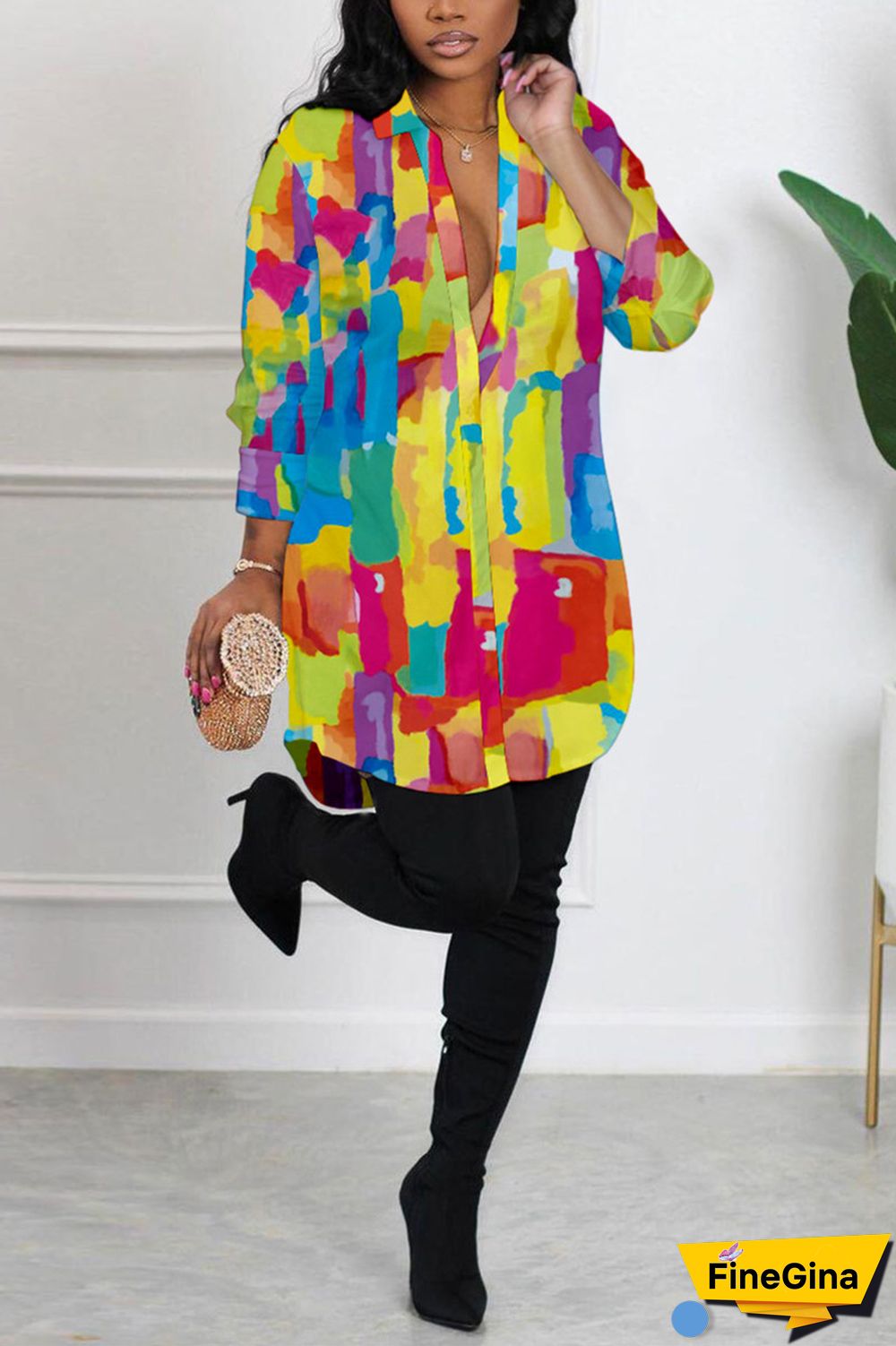 Yellow Sexy Casual Print Printing Shirt Collar Shirt Dress Dresses