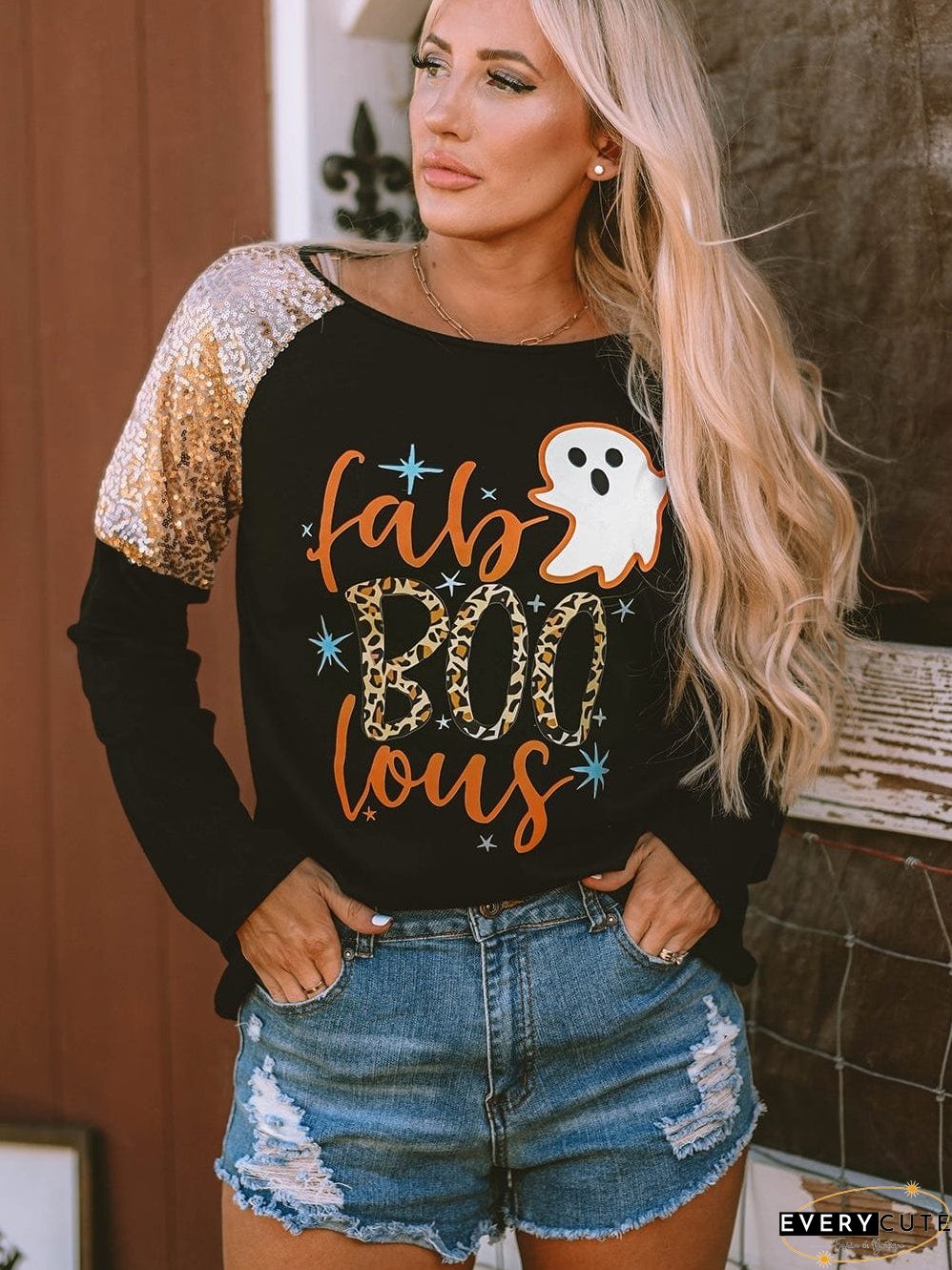 Halloween Graphic Raglan Top with Sequins