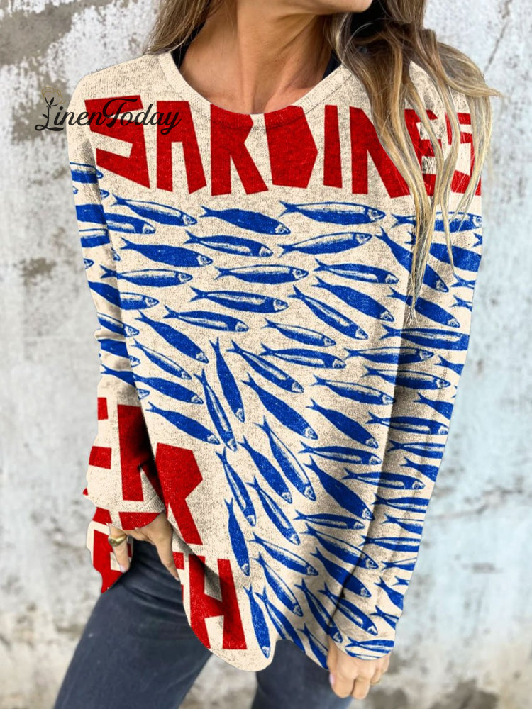 Women&rsquo;s Vintage Fish Sardines Art Print Button Back Casual Knitted Shirt Multicolor / S