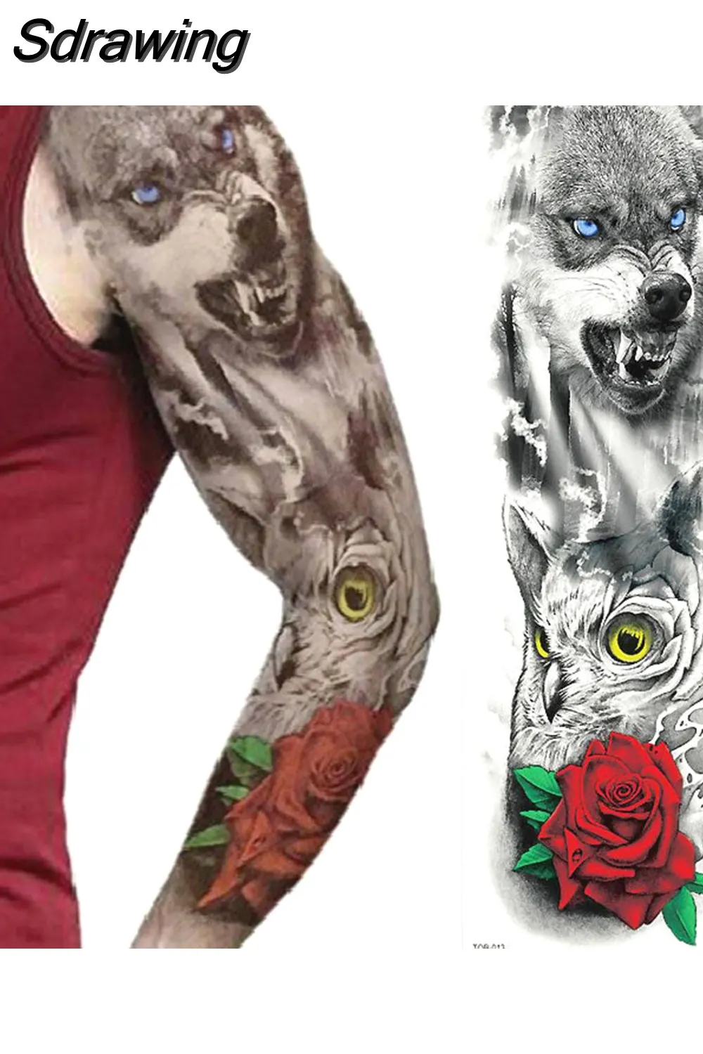 Sdrawing Full Arm Tattoo Lion Crown King Rose Waterproof Temporary Tatoo Sticker Wild Wolf Tiger Men Skull Totem Tattoo 430-1