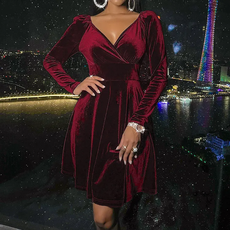 V-neck Velvet Dress Long Sleeve Dress