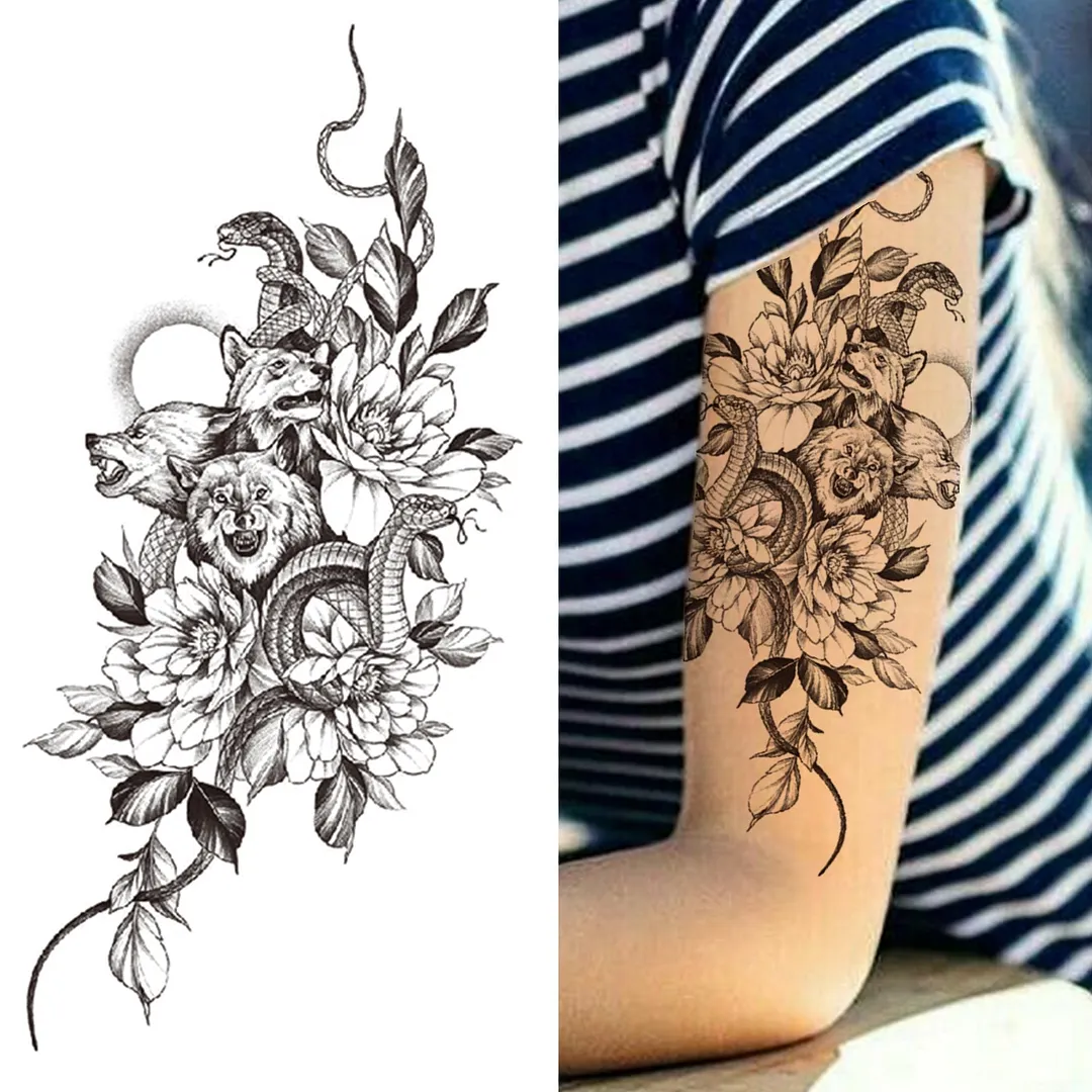 3D Snake Rose Temporary Tattoos For Women Girls Fake Flower Tattoo Sticker Black Death Eaters Dark Mark Mamba Snake Peony Tatoos 515-1