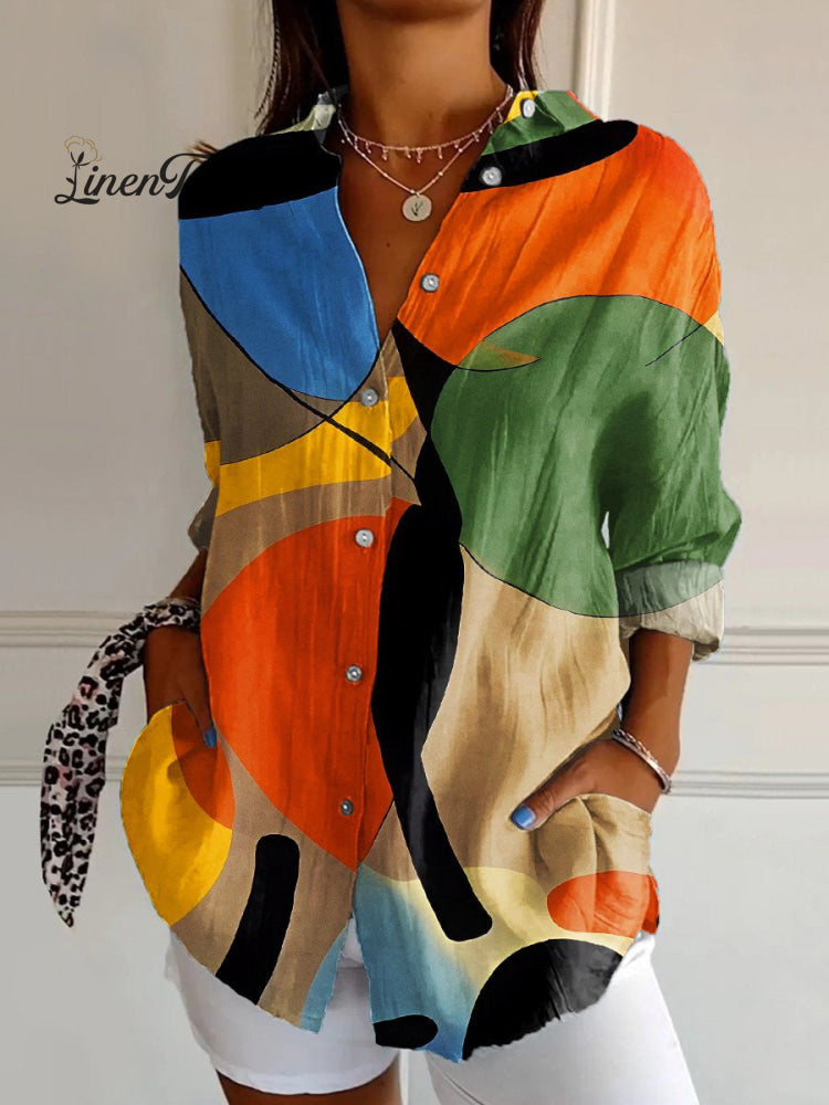 Women&rsquo;s Minimalism Abstract Geometry Retro Art Print Casual Cotton Shirt Multicolor / S