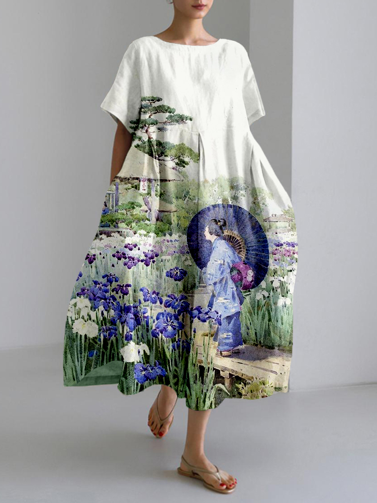 Japanese Iris Painting Art Linen Blend Maxi Dress