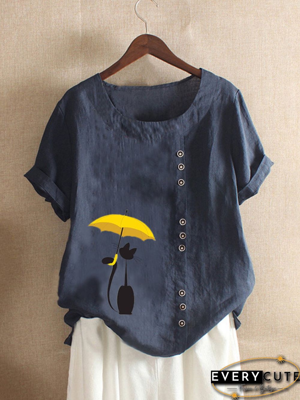Navy Blue Casual Round Neck T-shirt