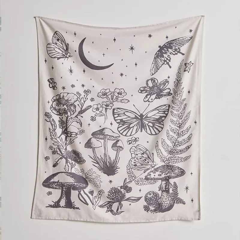 Mushroom Butterfly Tapestry Wall Hanging Butterfly Floral Vintage Wall Tapestry Witchcraft Hippie Butterfuly Wall Carpet Decor