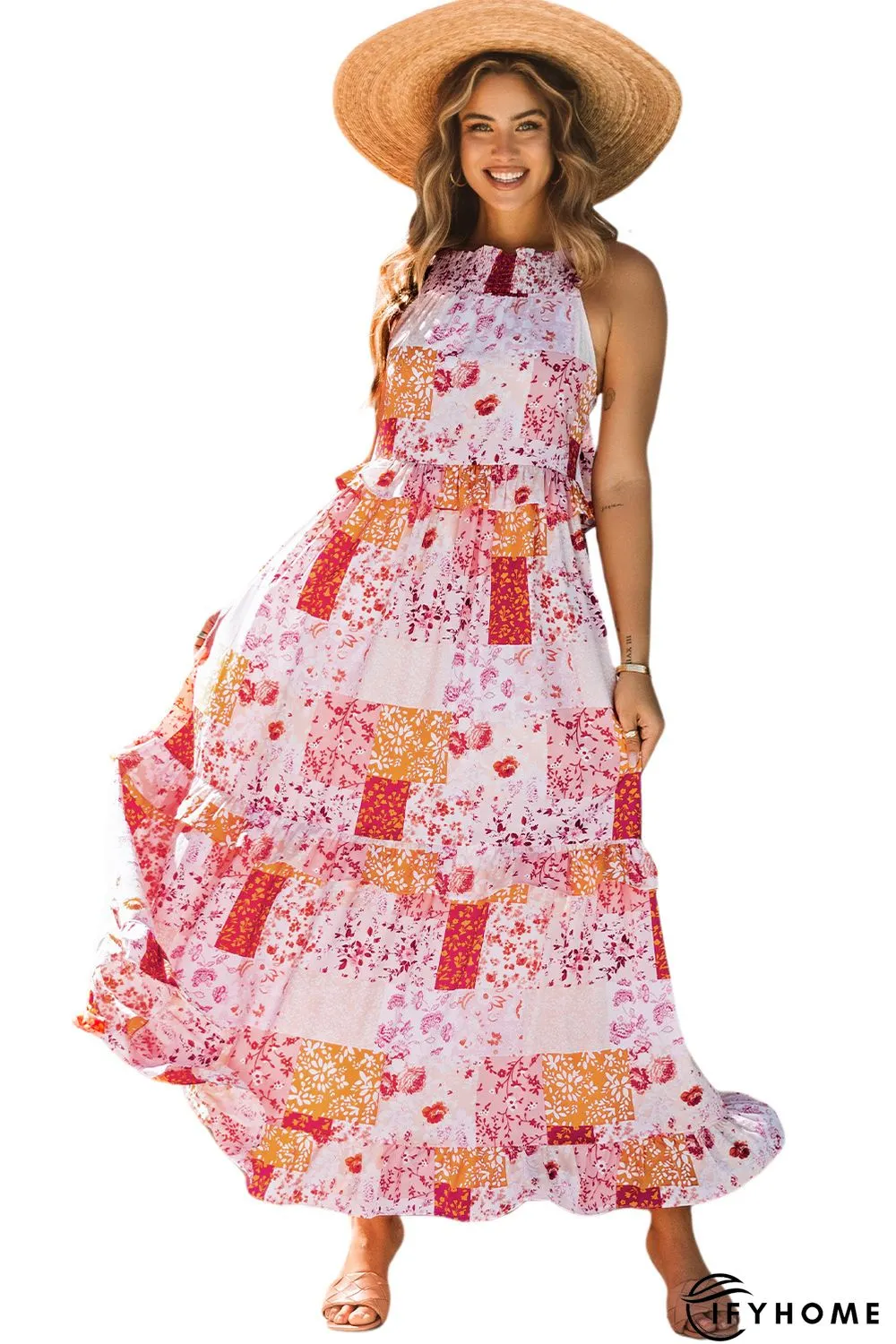 Multicolor Boho Geometric Floral Print Sleeveless Maxi Dress | IFYHOME