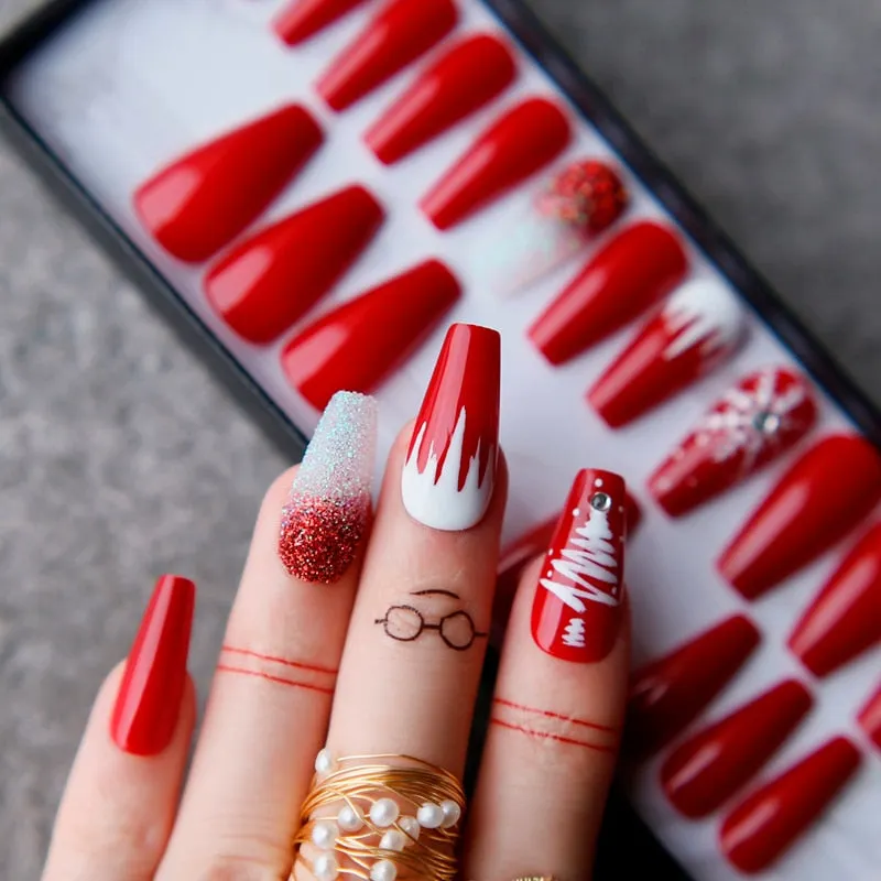 Christmas candycane Coffin False nails with box  Acrylic crystal DIY Style Art Fake nalis Tips Press on nails Snow Christmas hat-Nail Inspo