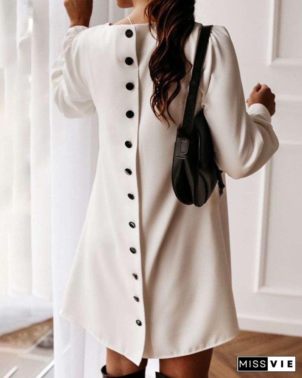Solid Button Design Casual Mini Dress P14925