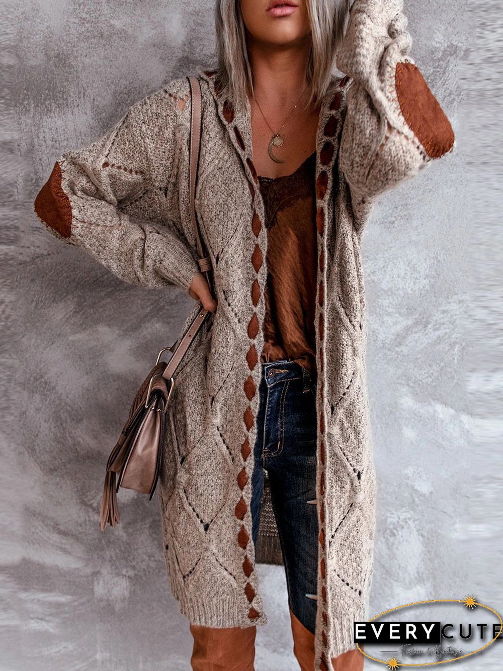 Open Front Knitted Knee Length Hooded Sweater Cardigan