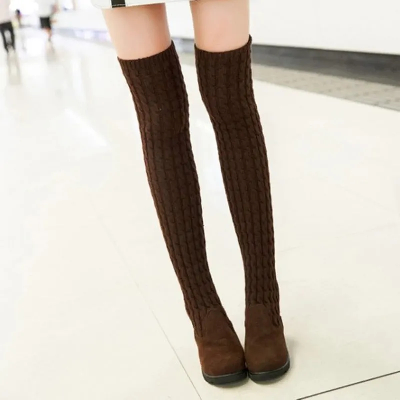comemore Women's Boots 2021 Autumn Winter Thigh High Boots for Women Knitting Wool Long Boot Woman Brown Black Ladies Flat Shoes