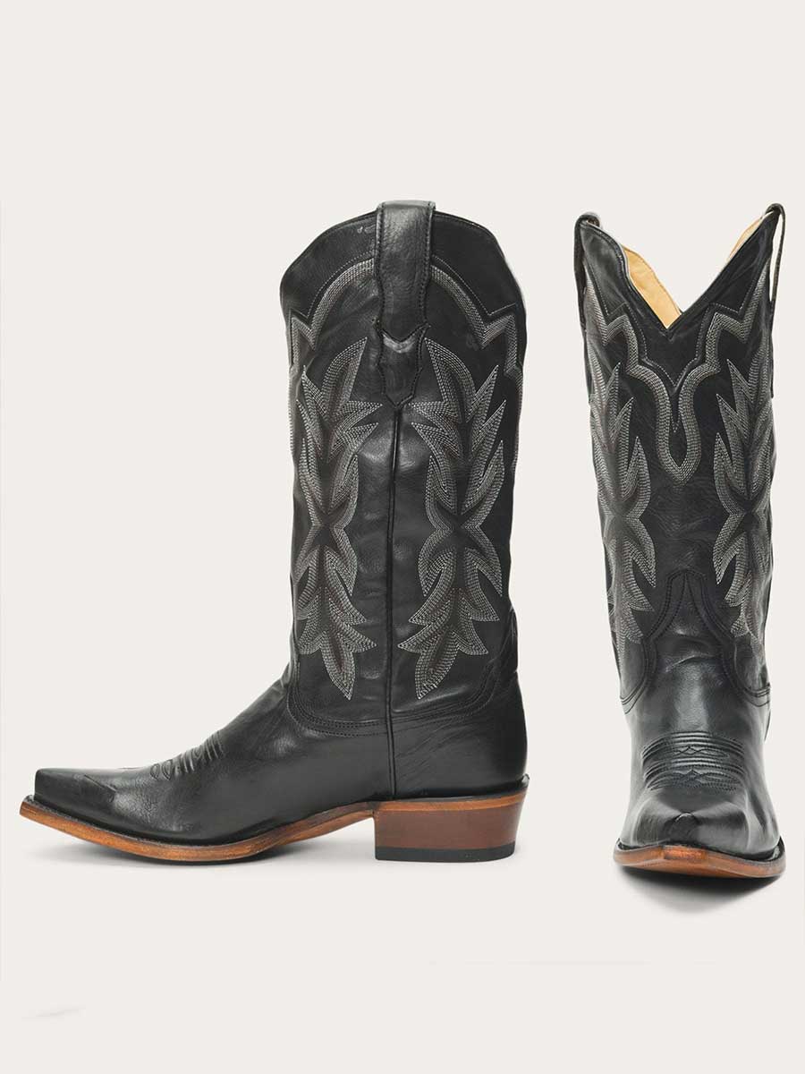 Black Vegan Leather Snip Toe Embroidered Wide Calf Cowgirl Boots With Chunky Heels