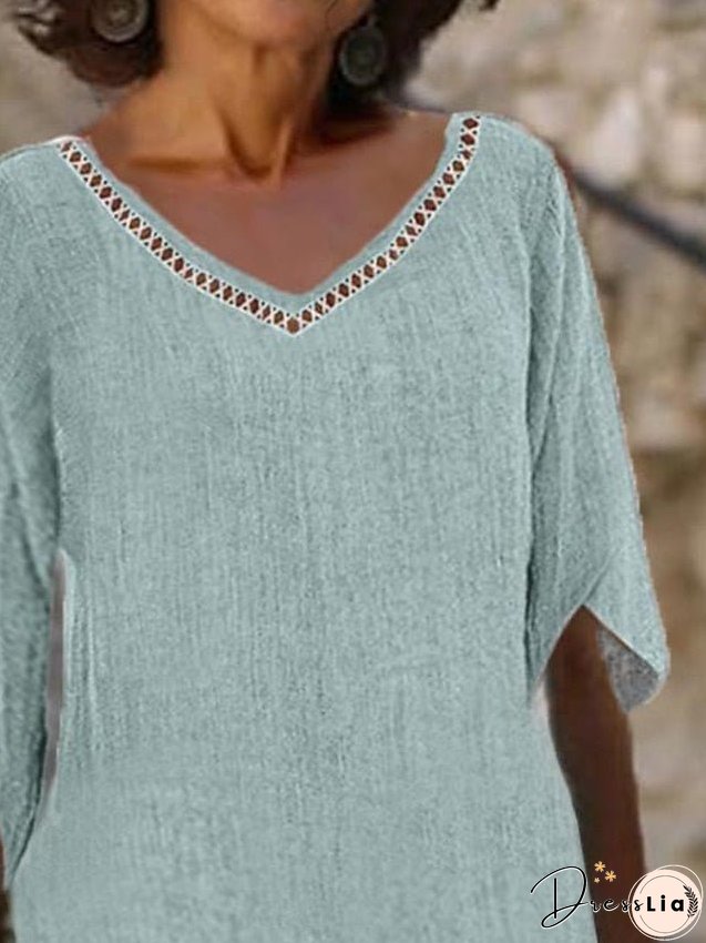 Casual Dress Cotton Dress Shift Dress Midi Dress Linen Cotton Blend Basic Modern Outdoor Daily V Neck Eyelet Half Sleeve Summer Spring Fall Loose Fit Green Plain S M L XL 2XL for Women