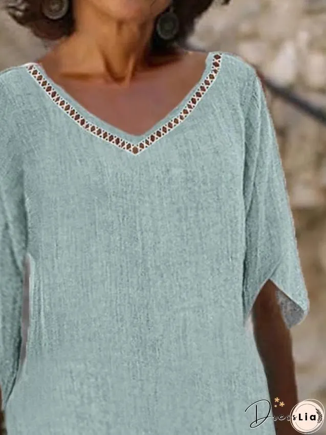 Casual Dress Cotton Dress Shift Dress Midi Dress Linen Cotton Blend Basic Modern Outdoor Daily V Neck Eyelet Half Sleeve Summer Spring Fall Loose Fit Green Plain S M L XL 2XL for Women