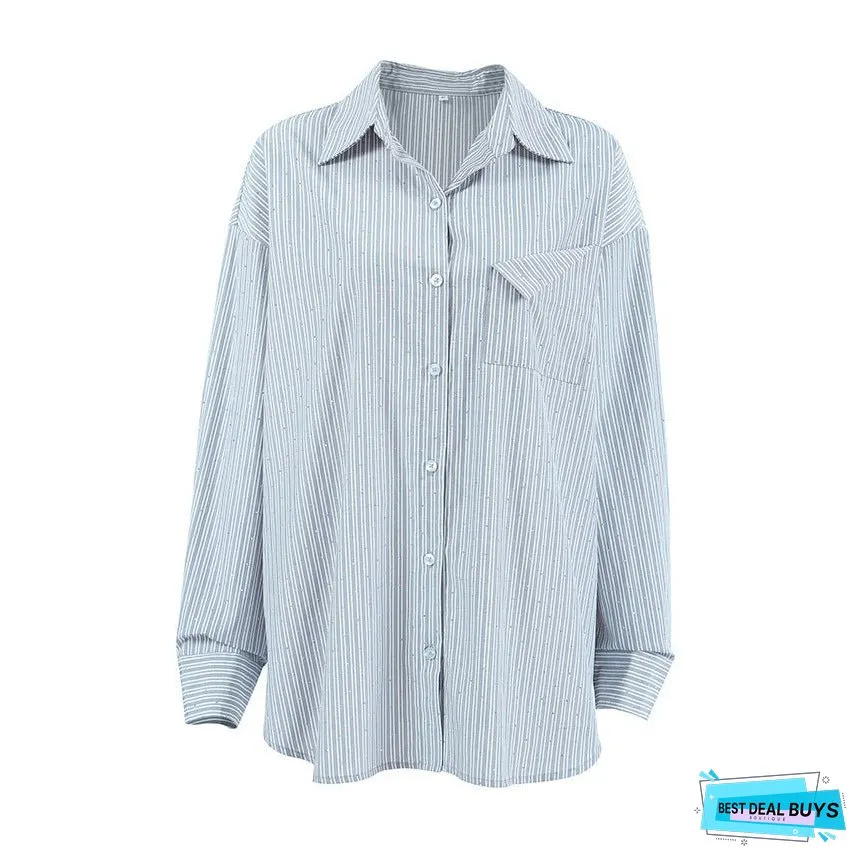 Diamond-embedded Fashion Striped Long Sleeves Shirt