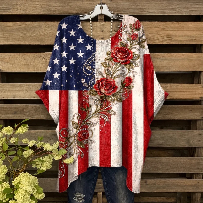 Comstylish Women's Rose Floral Flag Art Print Casual T-shirt