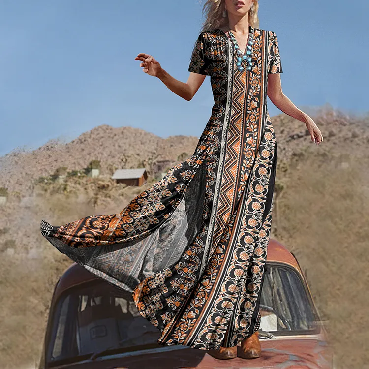 Vintage Floral Geometric Print Slit Maxi Dress