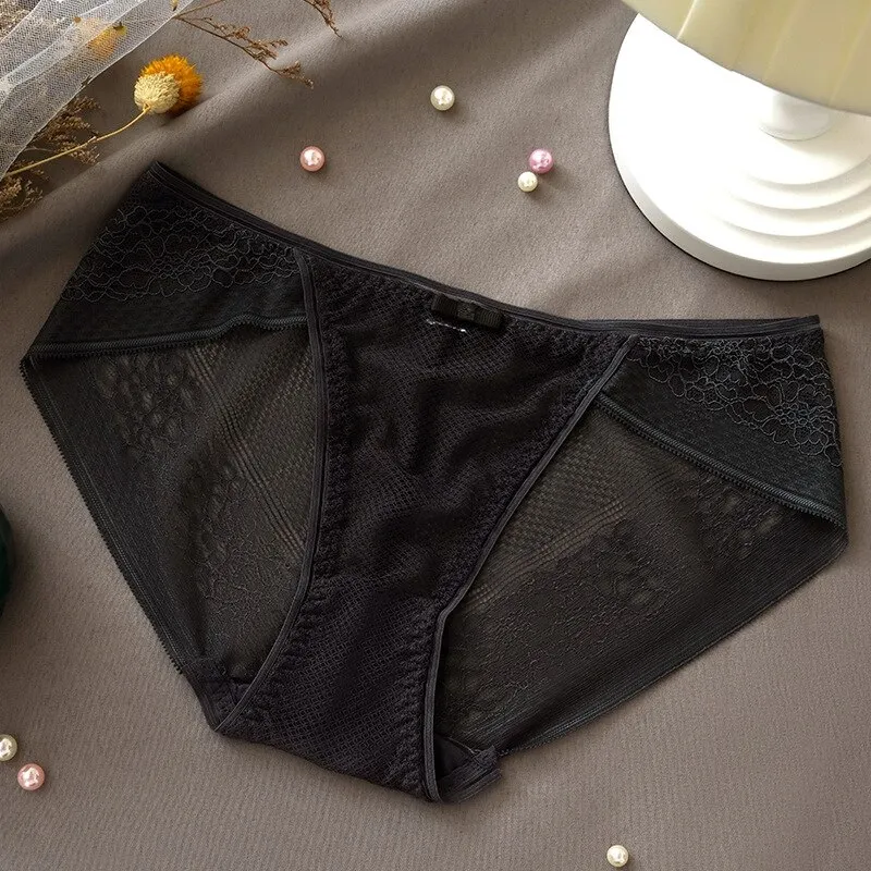 Billionm Women's Sexy Lace Panties Ladies Plus Size Mid-waist Ice Silk Cotton Panties Girly Seamless Transparent Panties Briefs