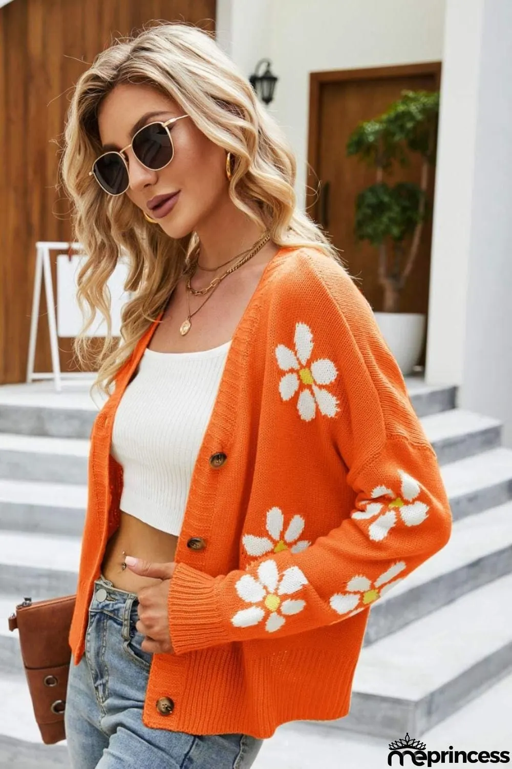 Floral Ribbed Trim Drop Shoulder Cardigan