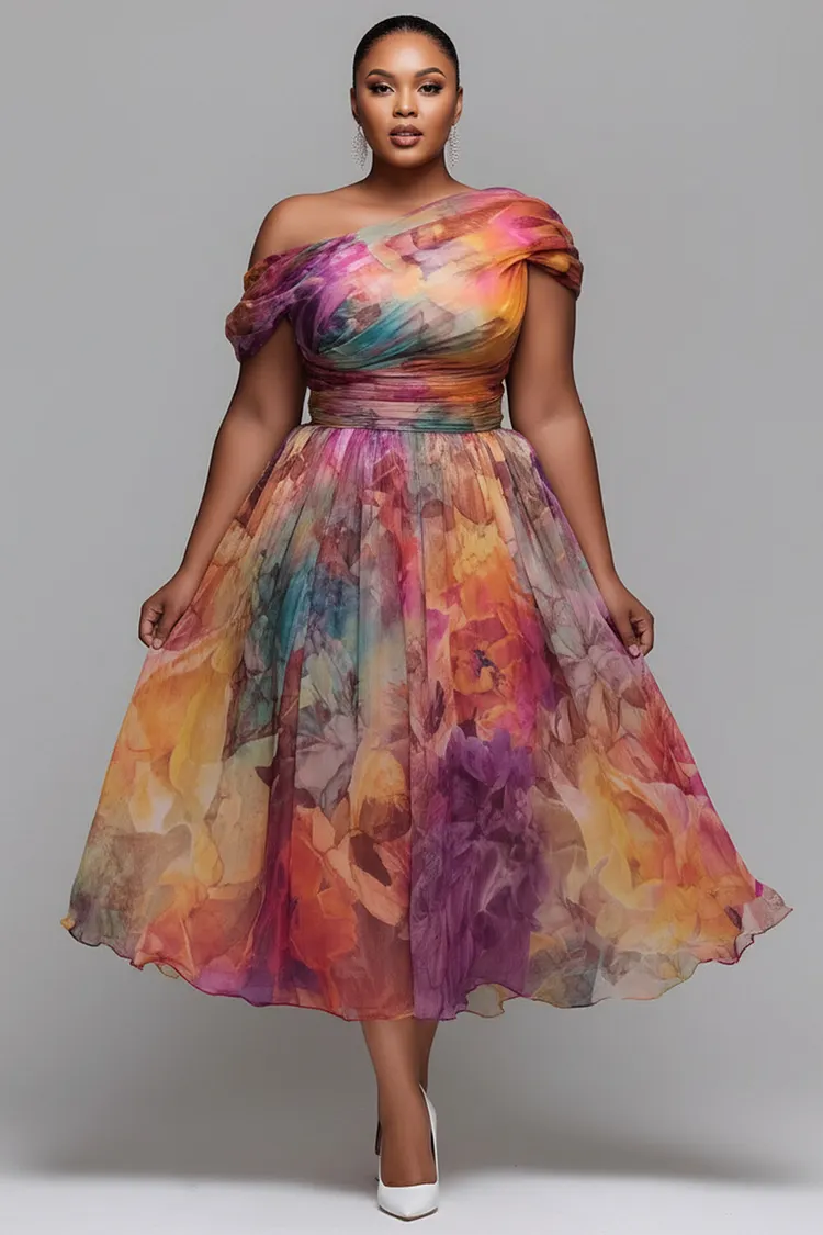 Xpluswear Design Plus Size Wedding Guest Elegant Multicolor Floral Oblique Collar Chiffon Midi Dresses 2024 - Xpluswear