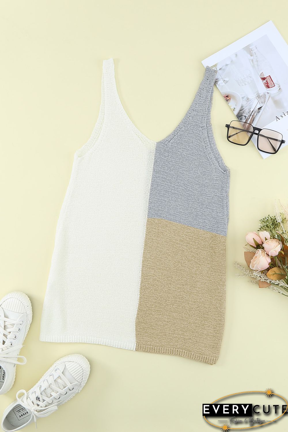 White Color Block Knitted Tank Top