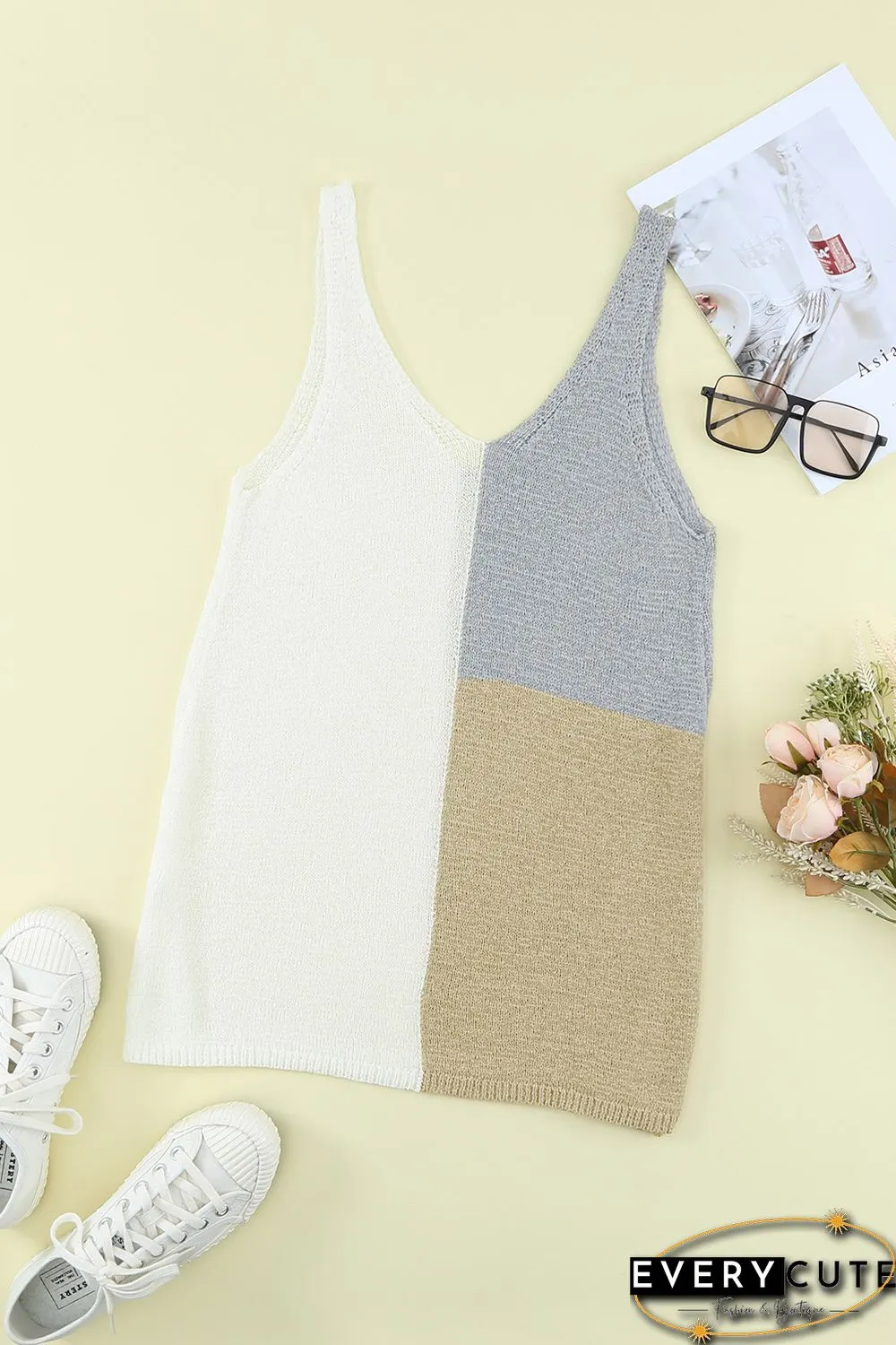 White Color Block Knitted Tank Top
