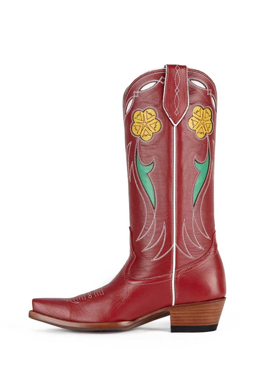Maroon Vegan Leather Floral Patch-Work Mid Calf Cowgirl Boots In Maroon