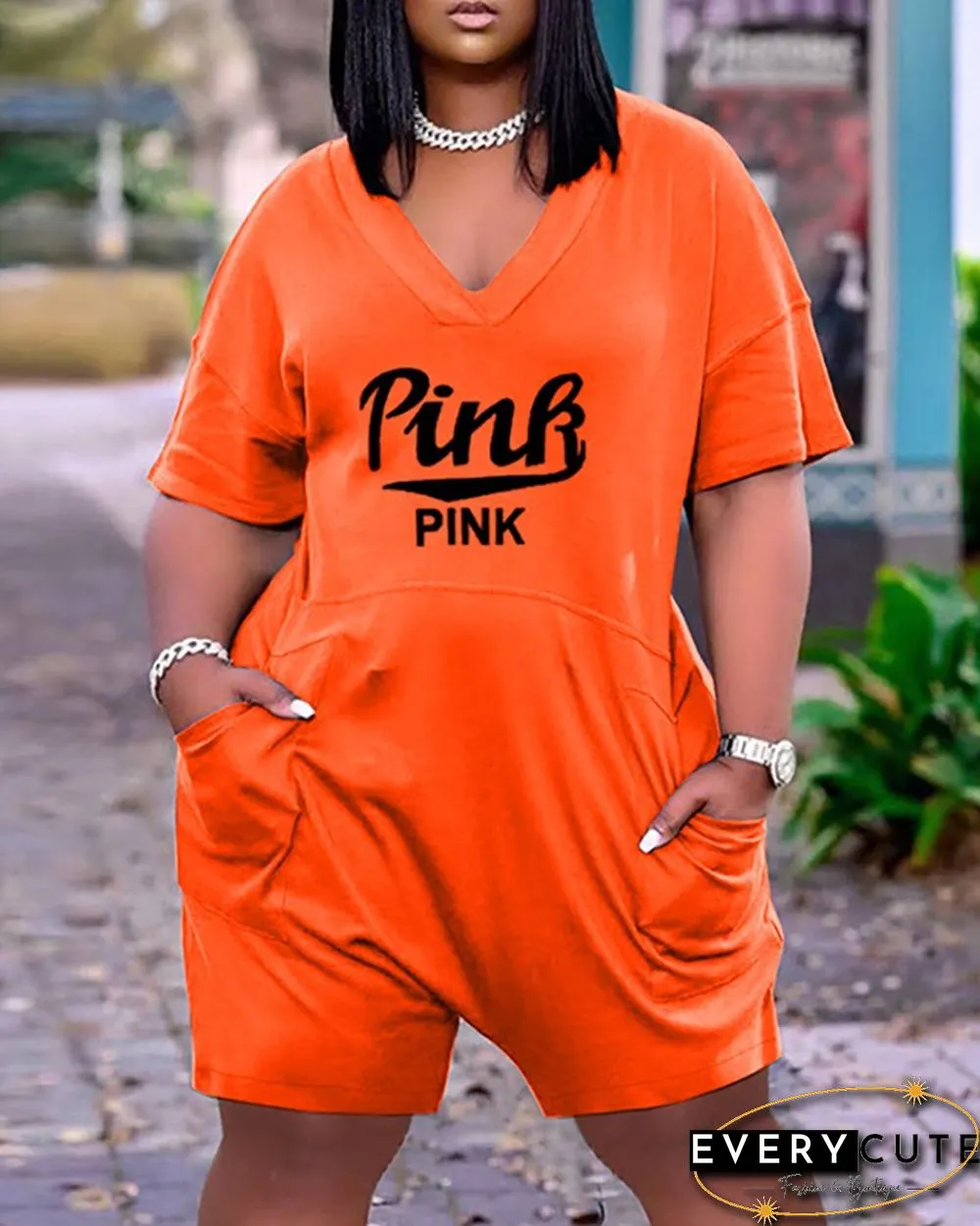 Pocket Design Letter Print Short Sleeve Romper