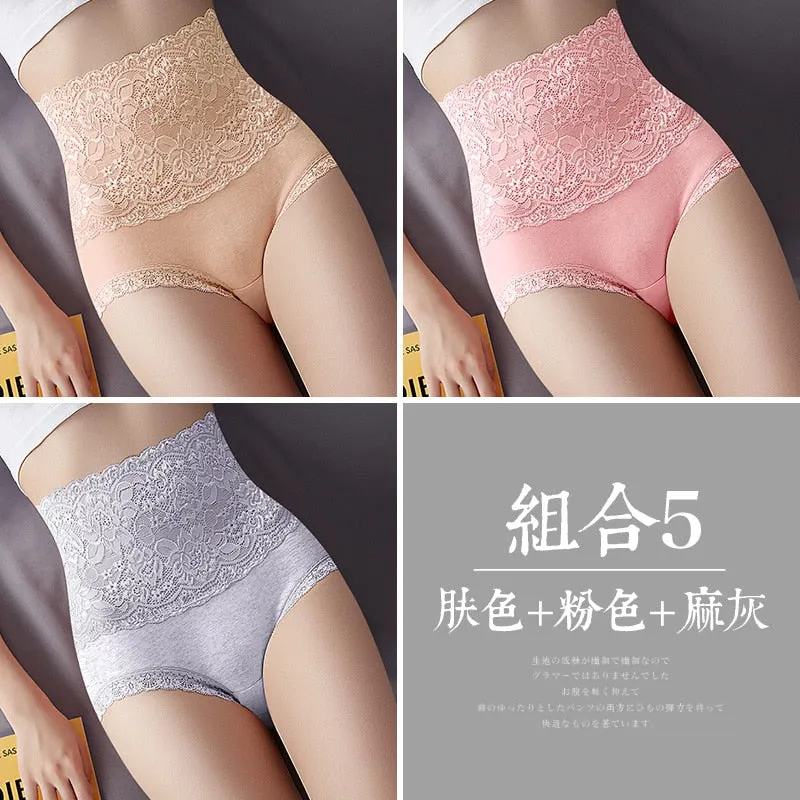Women Lace Panties High Fit Cotton Panties High Waist Underwear Body Shaping Sexy Lingerie Slimming Tummy Control Pants 3Pcs